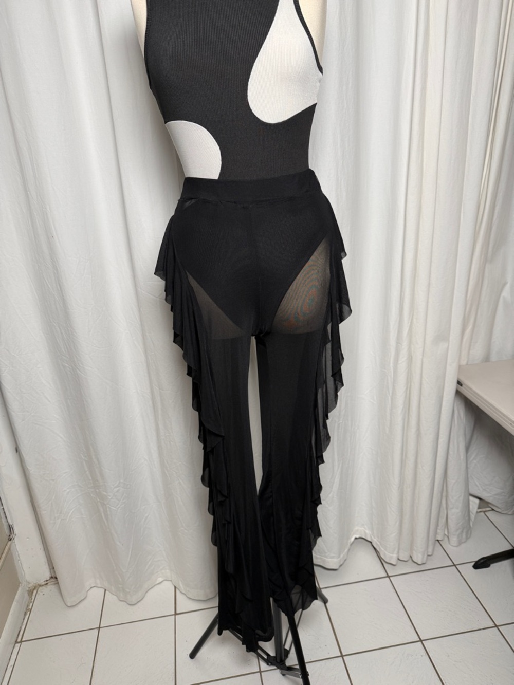 Black Sheer Ruffle Wide-Leg Skirt Overlay